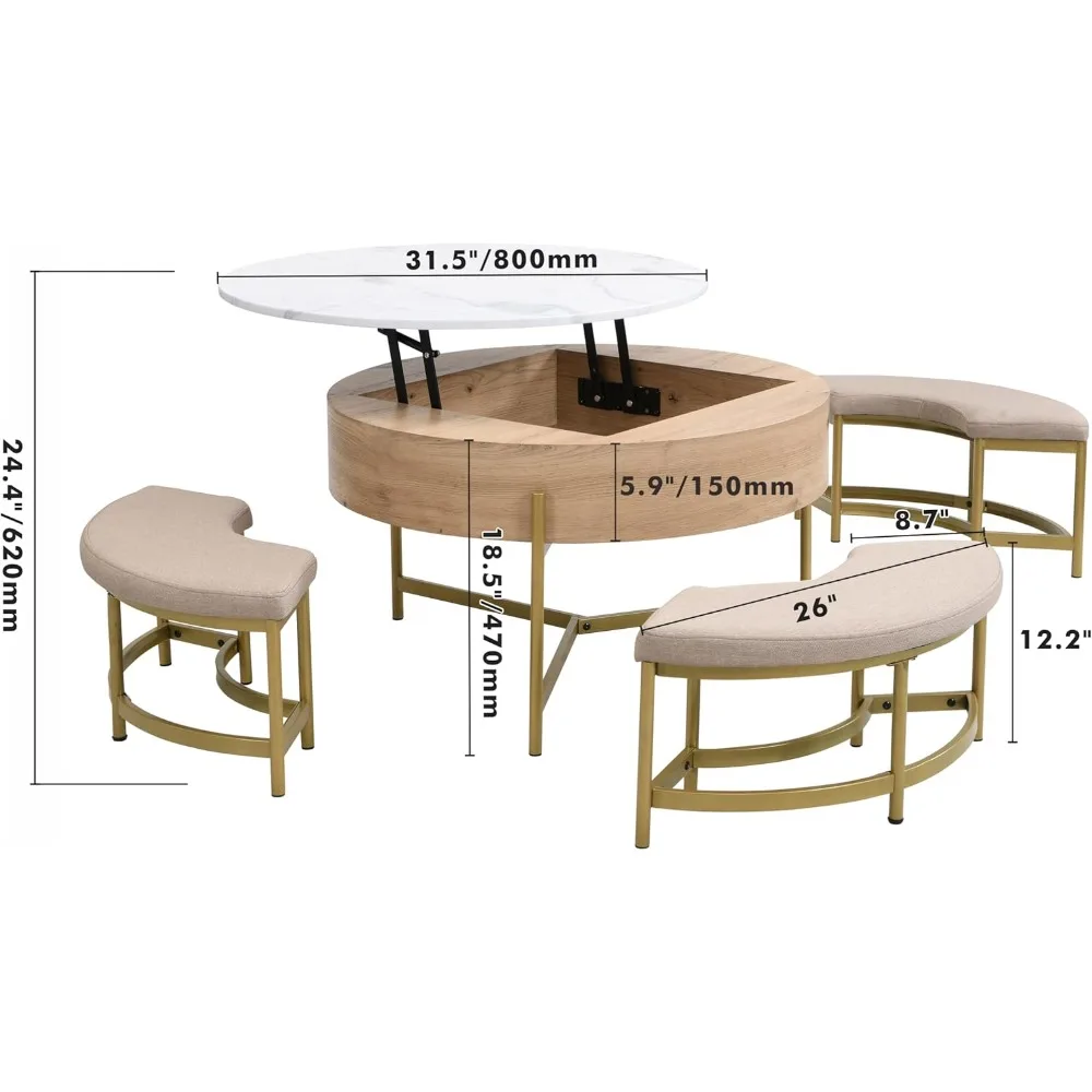 Merax Modern Round Lift-Top Coffee Table with Hidden Storage & 3 Ottoman, White + Natural