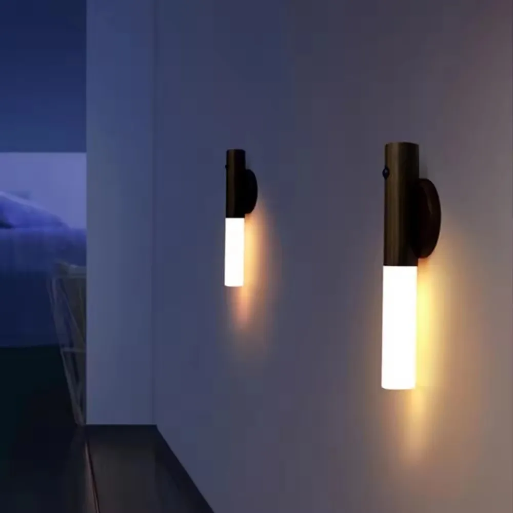 Wood Wireless USB LED Night Light Wall Lamp Rechargeable Sensor Motion Night Light