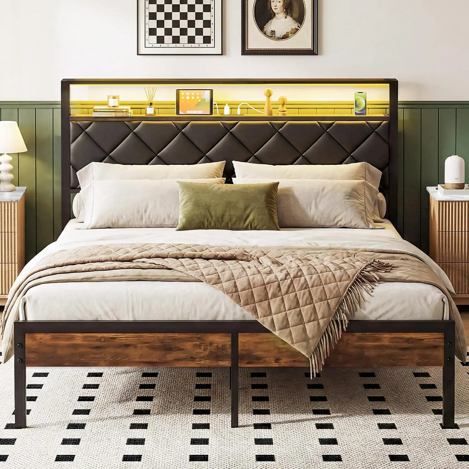 

Lofitage Queen Bed Frame with Storage Headboard and Footboard, Metal Platform Bed Frame with Charging Station and LED, Custom