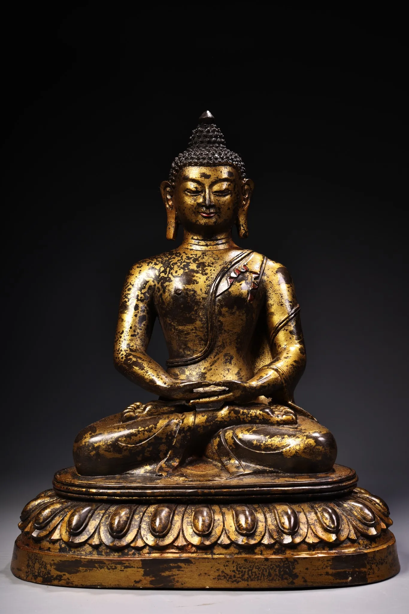 

15"Tibetan Temple Collection Old Bronze Gilded Painted High Relief Amitabha Parinirvana Buddha Shakyamuni Buddha Worship Hall