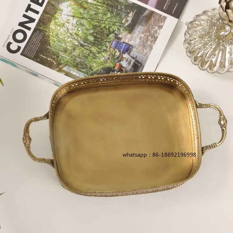 Indian Imported European Handmade Brass Vintage Tray Storage Tea Tray Club Villa Restaurant Decoration Fruit Plate Ornament