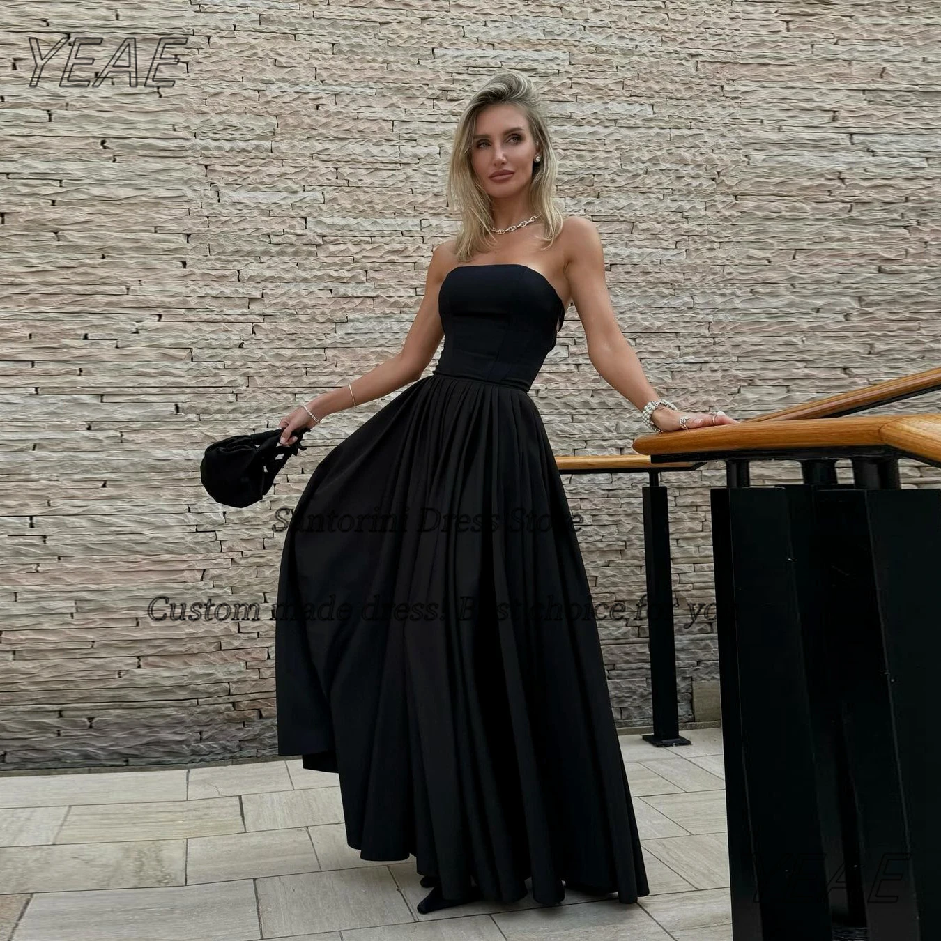 

Santorini Wedding Guests Wear Strapless Lace Up Sexy Backless Prom Dresses Long Ruched A Line Black Evening Party Formal Gowns