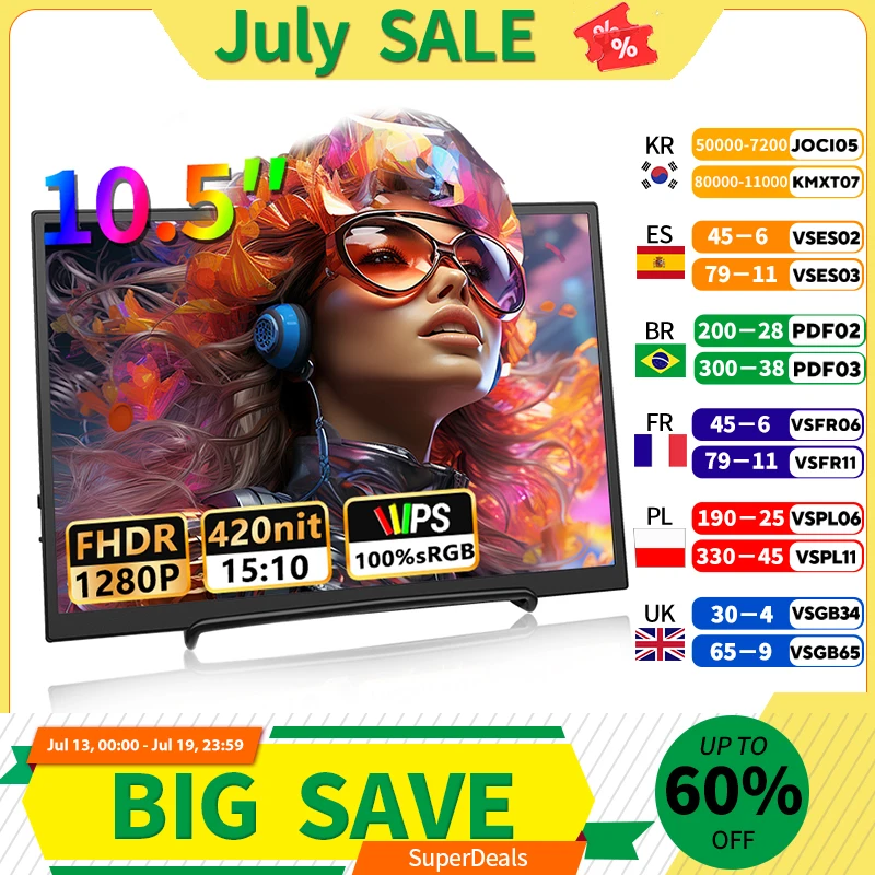 10.5 inch Portable Monitor 1280P 100%SRGB 420cd/m2 With dual speakers Mini HDMI interface For Laptop PC PS4 Game Console