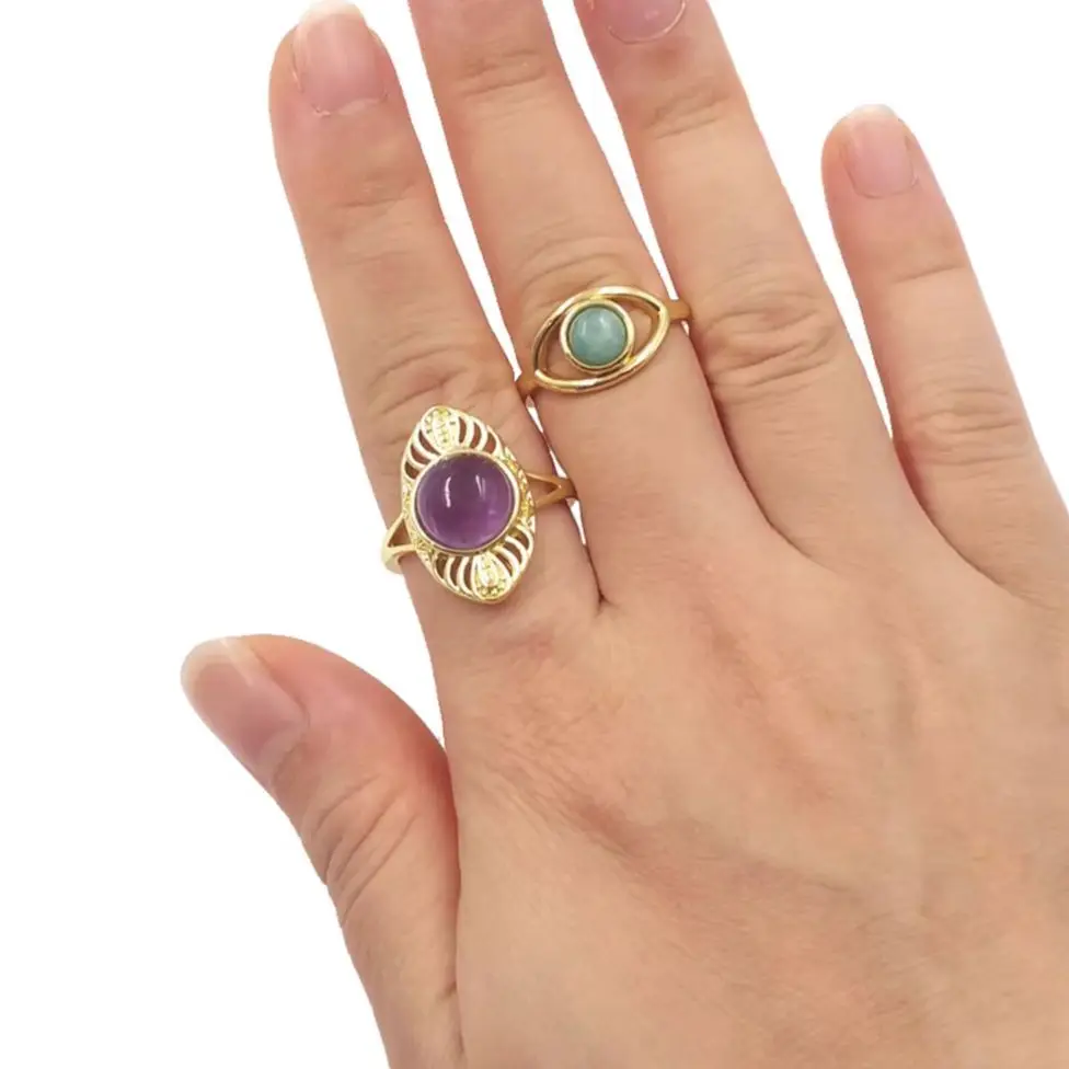 WT-R533 Hot Selling Jewelry Colorful Gemstone Amethyst Turquoise Round Stone With 18k Gold Plating Hollow Design Women Ring
