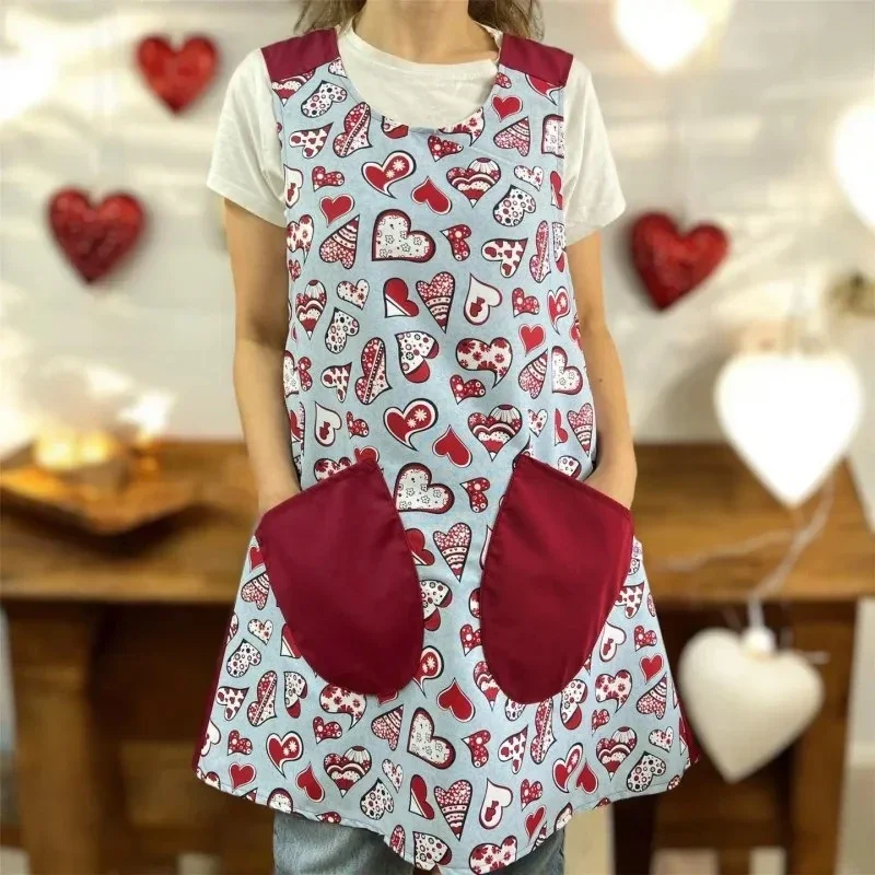 Blue Grid Printing Vintage Womens' Gardenin Apron U Neck Apron for Kitchen Waterproof Women Big Pocket Oilproof Cooking Aprons