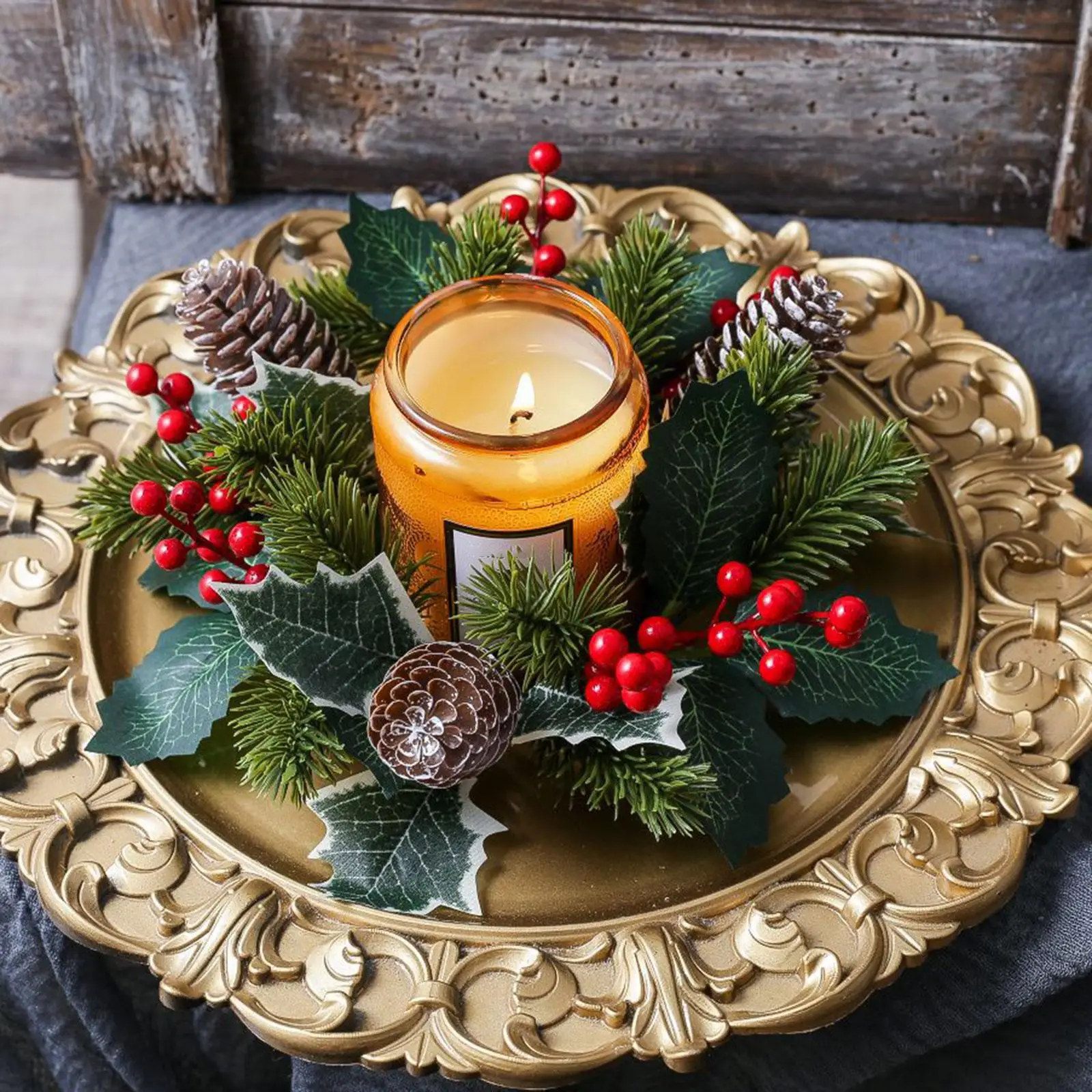 Christmas Candle Ring Artificial Wreath Centerpiece Candle Holder Decorative Home Ornaments for Holiday Party