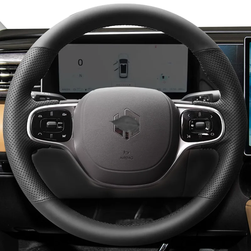 

DIY Hand Sewn Anti Slip Breathable Black Leather Steering Wheel Cover Wrap For Leapmotor C11 2020-2024 Car Interior Accessories