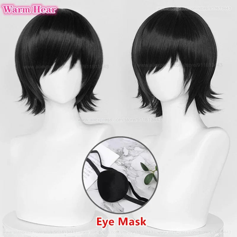 Cabelo preto fofo em camadas com máscara para os olhos, peruca cosplay himeno, curta anime, resistente ao calor, perucas de festa, boné, 35cm