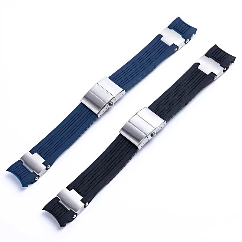 سوار ساعة سيليكون مطاطي ذو نهاية منحنية ، 22 ، أسود ، أزرق ، حزام مقاوم للماء ، سوار ، حزام غواص ، الأشعة فوق البنفسجية