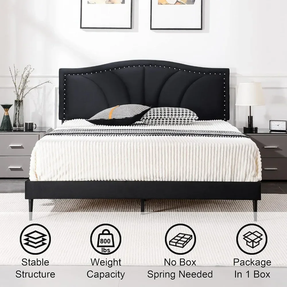 Bed Frame Velvet Upholstered Platform with Decorative Line & Nailhead Trim Headboard with Strong Wooded Slat