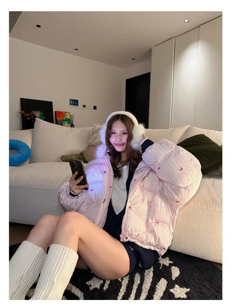 

Korean Women Pink Striped Bow Warm Thick Cotton Coat Winter Blue Hooded Fashion Single Breasted Short Down Jacket Popular Trendy