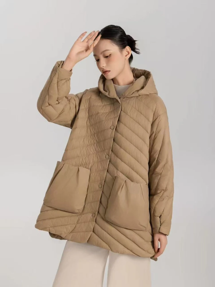 2025年冬 超軽量 パフジャケット レディース 90% ホワイトダックダウン コート ルーズ フード付き カジュアル パーカー 防風 ベーシック アウター