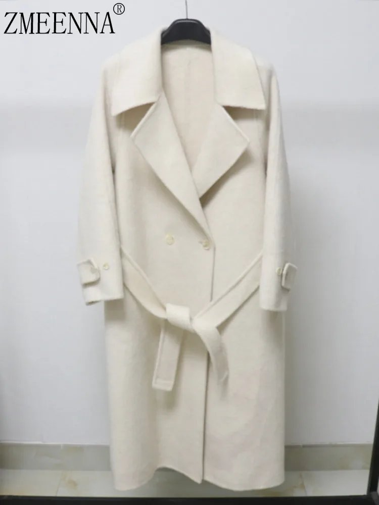 

ZMEENNA женское длинное шерстяное пальто с поясом, двубортное пальто с лацканами, теплая зимняя верхняя одежда, свободный крой, стиль ZM4370