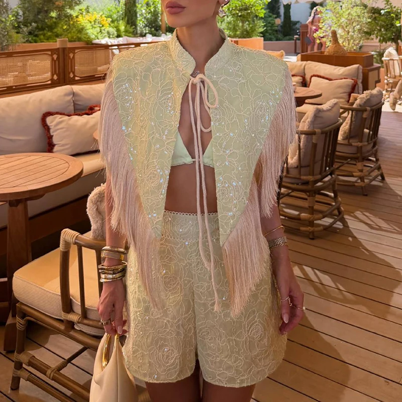 Trendytassel Splice Shawl+Shorts 2pc Set Unique Round Neck Sleeveless Strap Outfit Casual Embroidery Bead Irregular Travel Suit