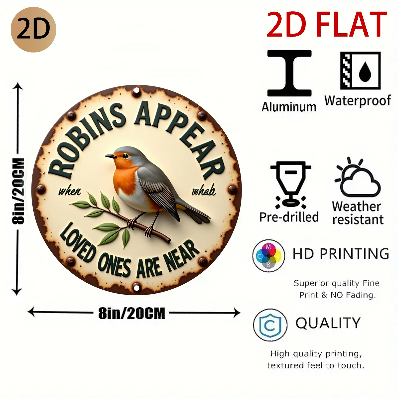 2D Flat, 2d Flat Rustic Robin Design Wall Sign Vintage Metal Decoration Sentimental Home Decor Suitable for Living Room Garden o