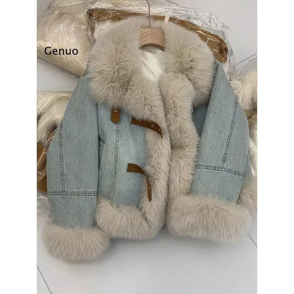 Women's Korean Style Design Light Blue Denim Coat Fleece-Lined Thickened Warm Faux Fur Plush Jacket