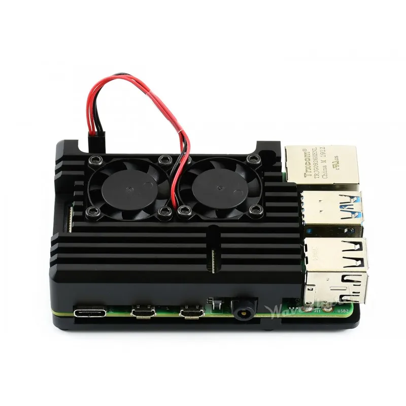 WaveshareAluminium Alloy Case for Raspberry Pi 4, Dual Cooling Fans
