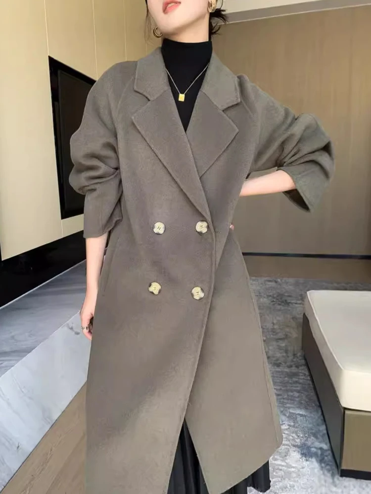 SHENGPALAE Vintage Long Woolen Coat For Women Lapel Full Sleeve Double Breasted Spliced Pockets New 2024 Female Clothing 5C1860