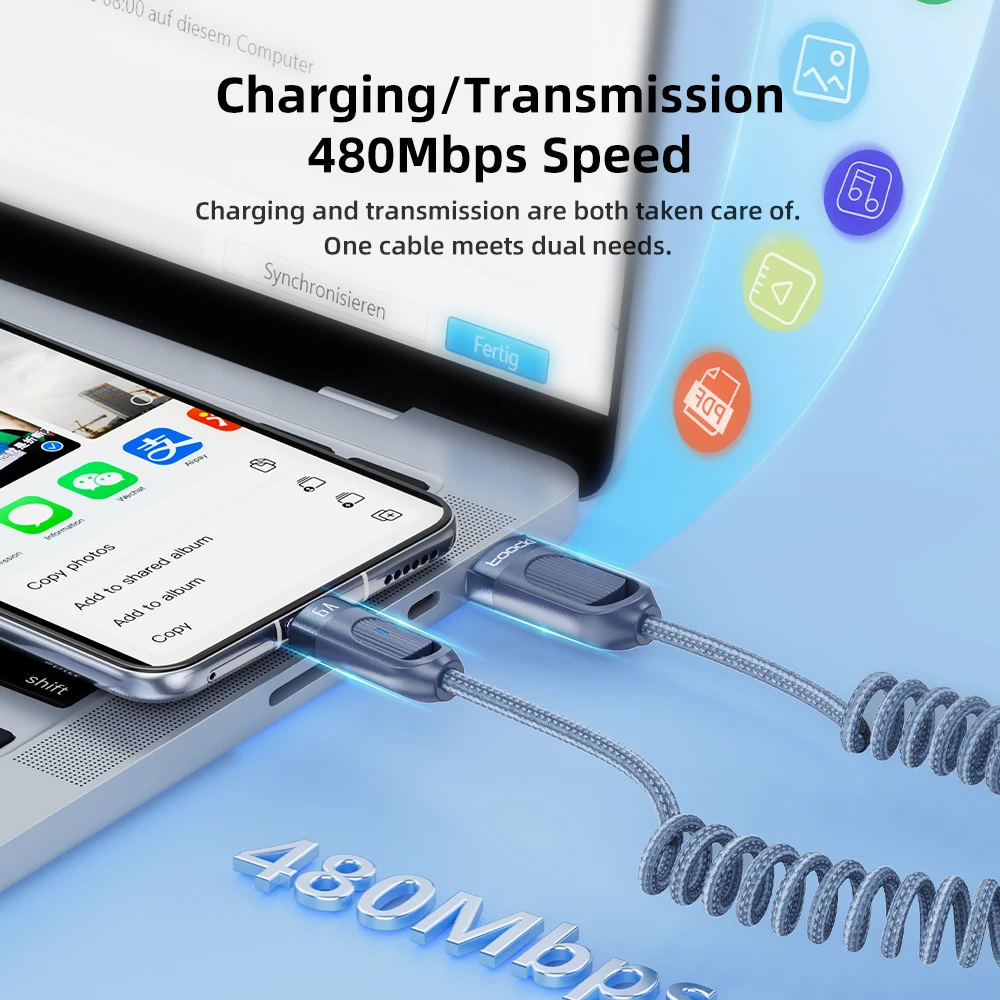 Toocki-Cable USB 6A para iPhone 15 Pro Max, pantalla LED, Cable USB C de resorte de alta velocidad para Xiaomi, Samsung, Cable cargador de teléfono
