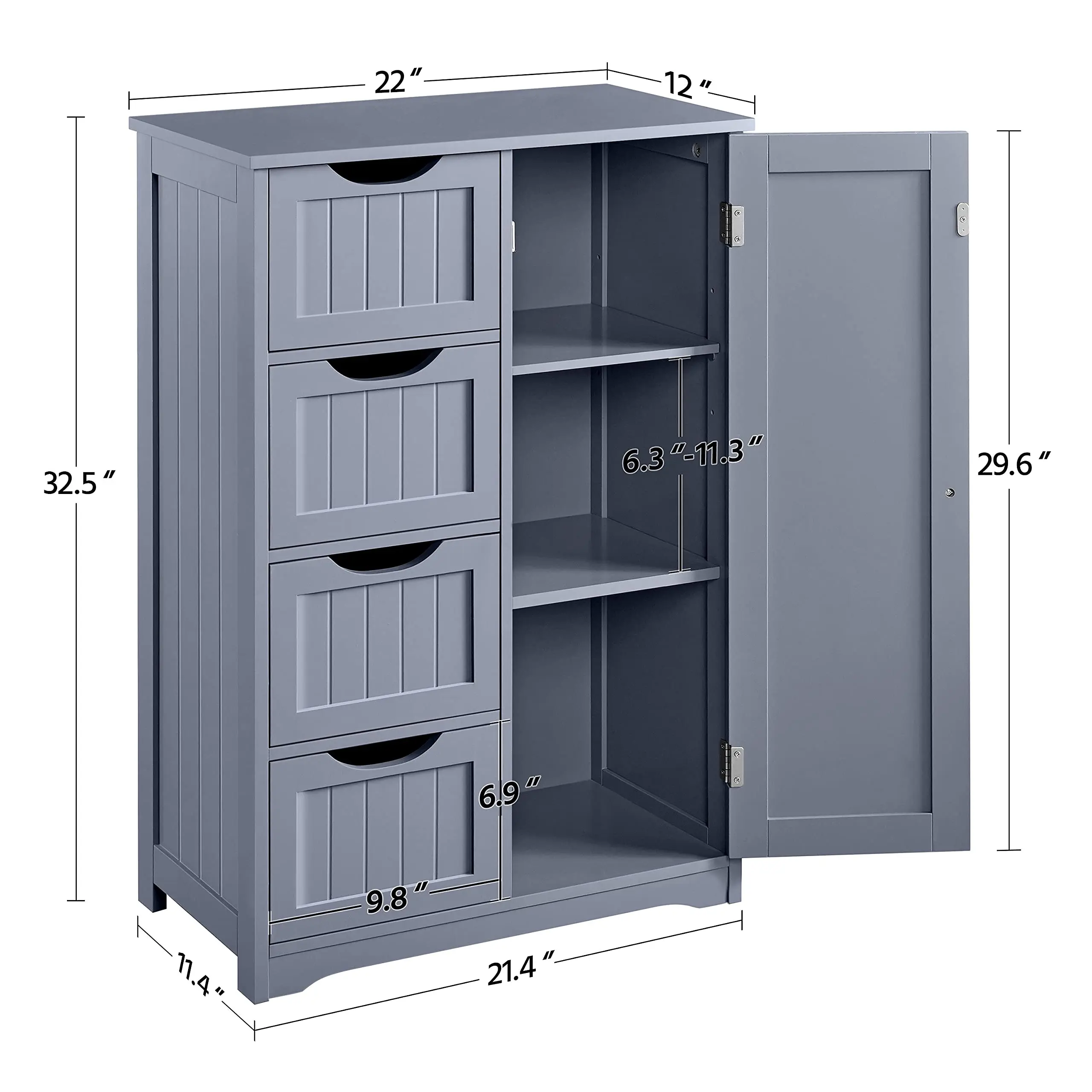 Wooden Bathroom Floor Cabinet, Freestanding Side Storage Unit with 4 Drawers and 3 Tier Cupboard Organizer, Gray