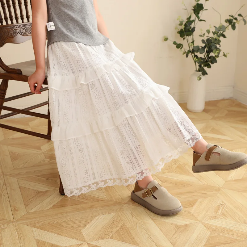 Dot Lace Tiered Ruffle Maxi Skirt Kids Girls Elastic High Waist Cottage Casual Bottom For School Birthday Holiday Outdoor Outfit