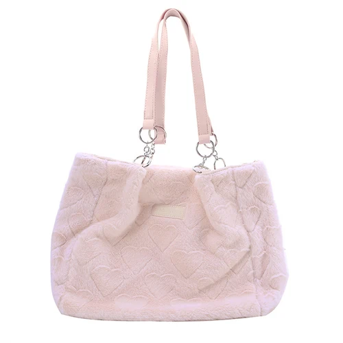 Imagen 1 del producto Bolso de hombro de gran capacidad para ir al trabajo de felpa para mujer, bolsos de mano de Color sólido dulce a la moda, bonitos bolsos para axila con corazón peludo