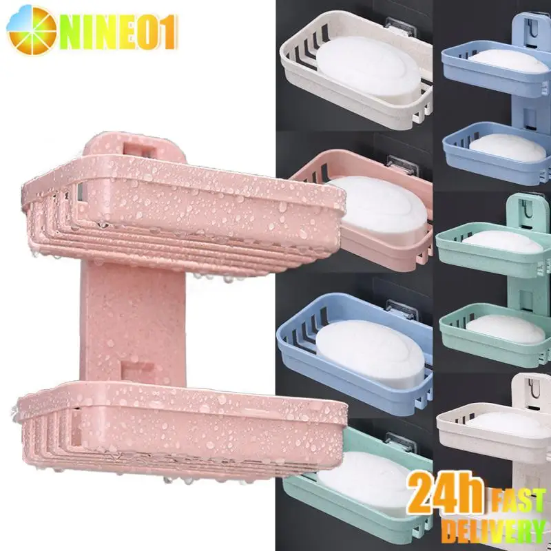 Soap Dish Holder Wall Mounted Double Layer Punch-Free Drawer Draining Holder Kitchen Sponge Storage Box Bathroom Organizer Rack