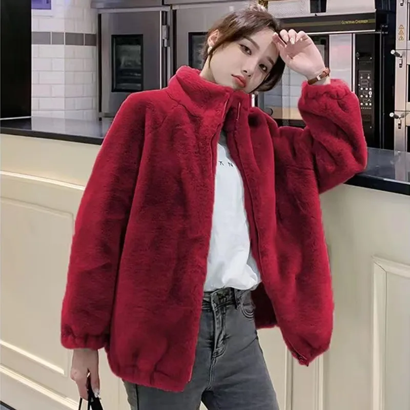 Women's Coral Fleece Jacket Double-Sided Warmth High Collar Zipper Cardigan Loose Fit Winter Outerwear Soft Velvet Sweatshirt