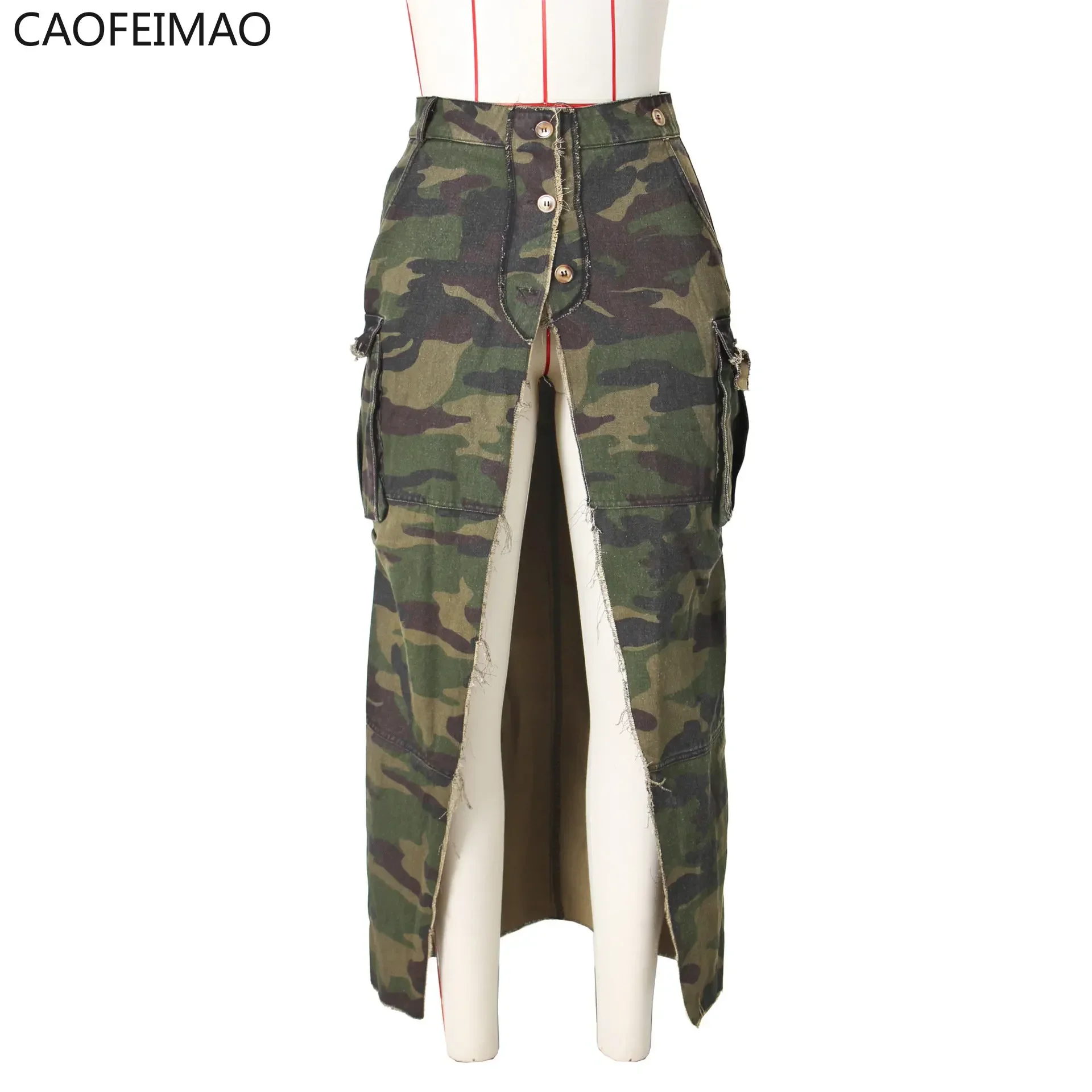 Women Sexy High Split Camouflage Skirt Army Green Ripped Irregular Skirt Spliced Color Pocket Button Long Maxi Skirt