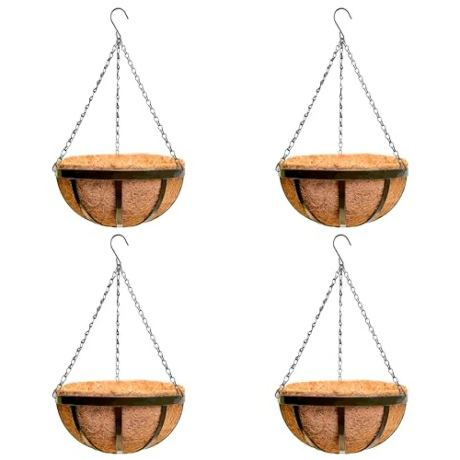 

Outdoor hanging baskets for deck, patio, porch, balcony, garden; black flat iron metal; 16 inch; coco liner included, rust-resi