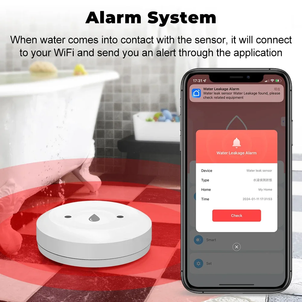 Tuya Smart Zigbee Water Sensor Flood Water Leakage Detector Alarm App Remote Monitoring Support Home Assistant Zigbee2MQTT ZHA