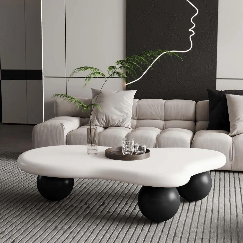 

47" Modern Coffee Table Cloud Shape Low Center Table Cute Irregular Indoor Tea Table with 3 Ball Legs for Living Room Small Spac
