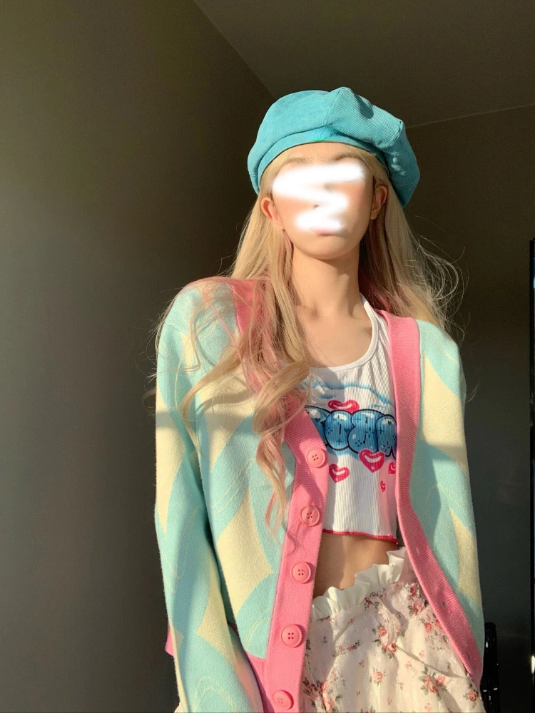 KOSAHIKI-cárdigan de punto para mujer, suéter suelto de un solo pecho, prendas de punto con cuello en V para estudiantes, Tops Coreanos