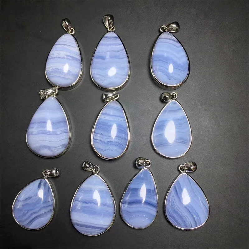 

S925 Natural Blue Lace Agate Teardrop Pendant Crystal Exquisite Girl Jewelry Healing Fengshui Stone Gift 1PCS