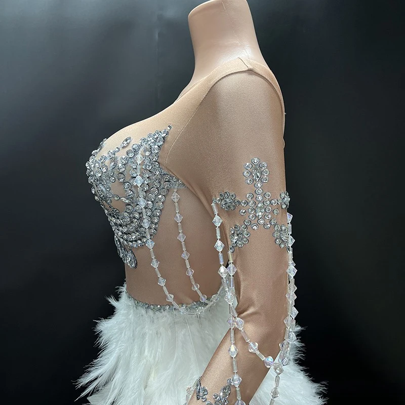 Robe de Soirée Sexy en Plumes et Strass pour Femme, Tenue de Pole Dance, Costume de Cosplay, d'Halloween, Bar, Ds, Dj, Tricot, Wlwear, XS8591