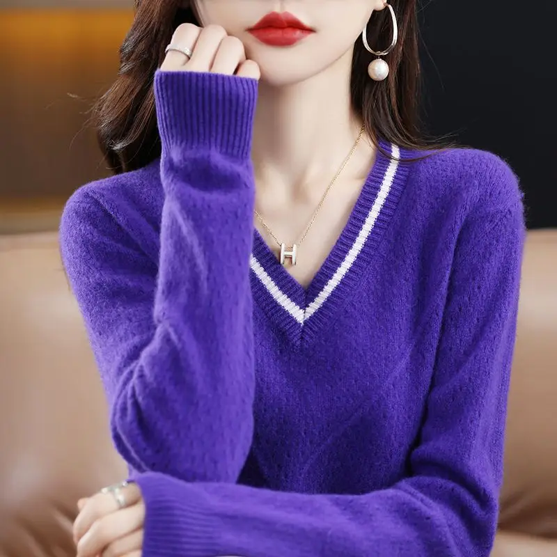 Autumn Winter Women's Clothing V-Neck Pullover Solid Color Sweater Knitted Long Sleeve Casual Sweet Elegant Screw Thread Tops