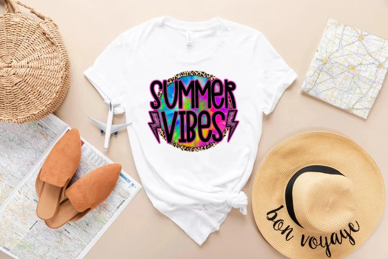 Summer Vibes Slogan Women T-shirt Colorful Leopard Print Graffiti Print Female Shirt New Hot Sale Fashion Outdoor Classy Tee