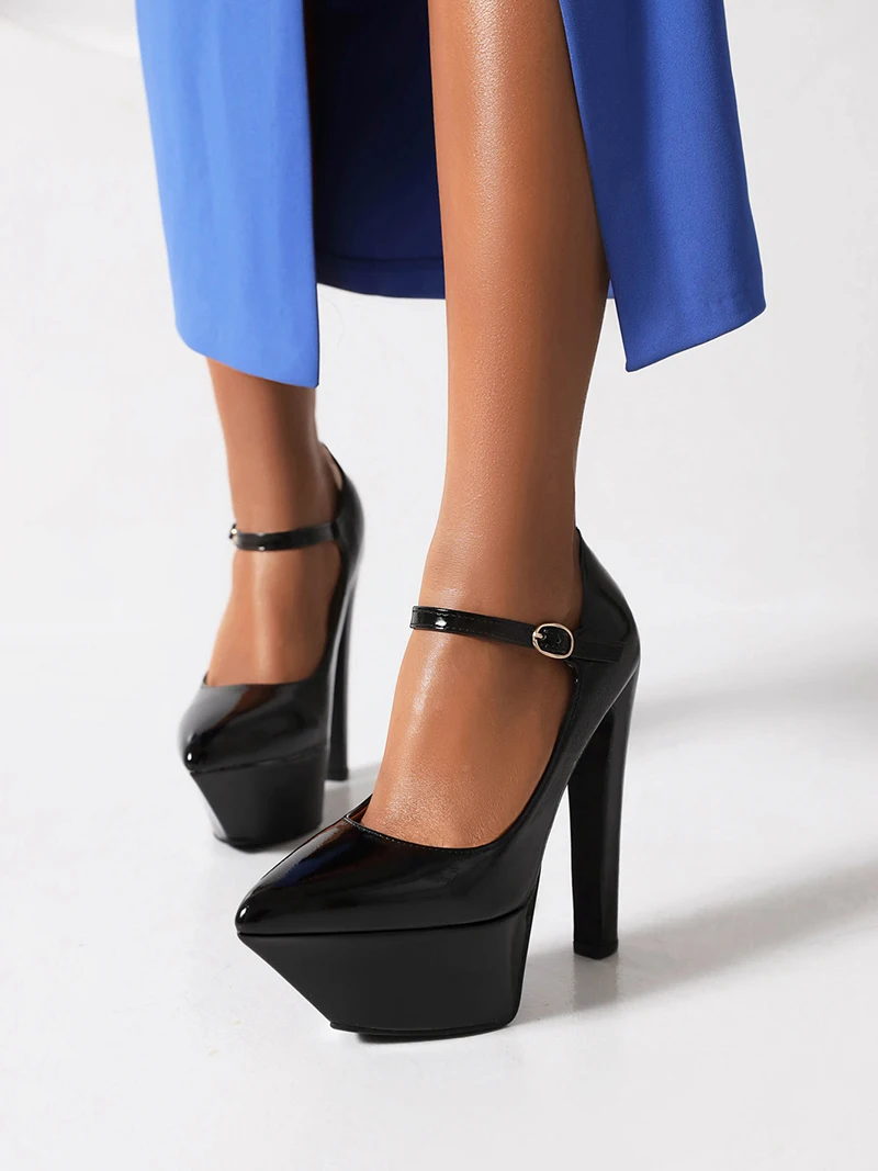 Pointed Toe bardzo wysokie platforma cienki obcas prosty pasek damski płytkie buty błyszczące lakierki oddychające Sexy wysokie obcasy