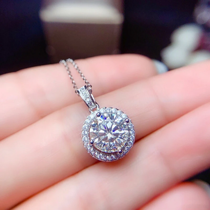 Modische 1-Karat-Moissanit-Halskette aus 925er Sterlingsilber mit GRA-Zertifikat, runder Anhänger, exquisiter Schmuck für Hochzeiten und Partys – Detail 6