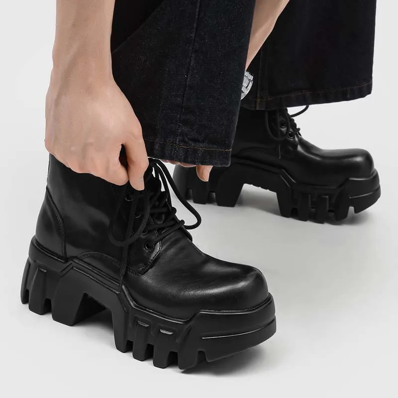 Bottes en cuir naturel pour hommes, chaussures décontractées hip hop rock, noires, de créateur, style cowboy, bottes de printemps et d'automne, bottes à plateforme tendance, bottes à la cheville pour hommes