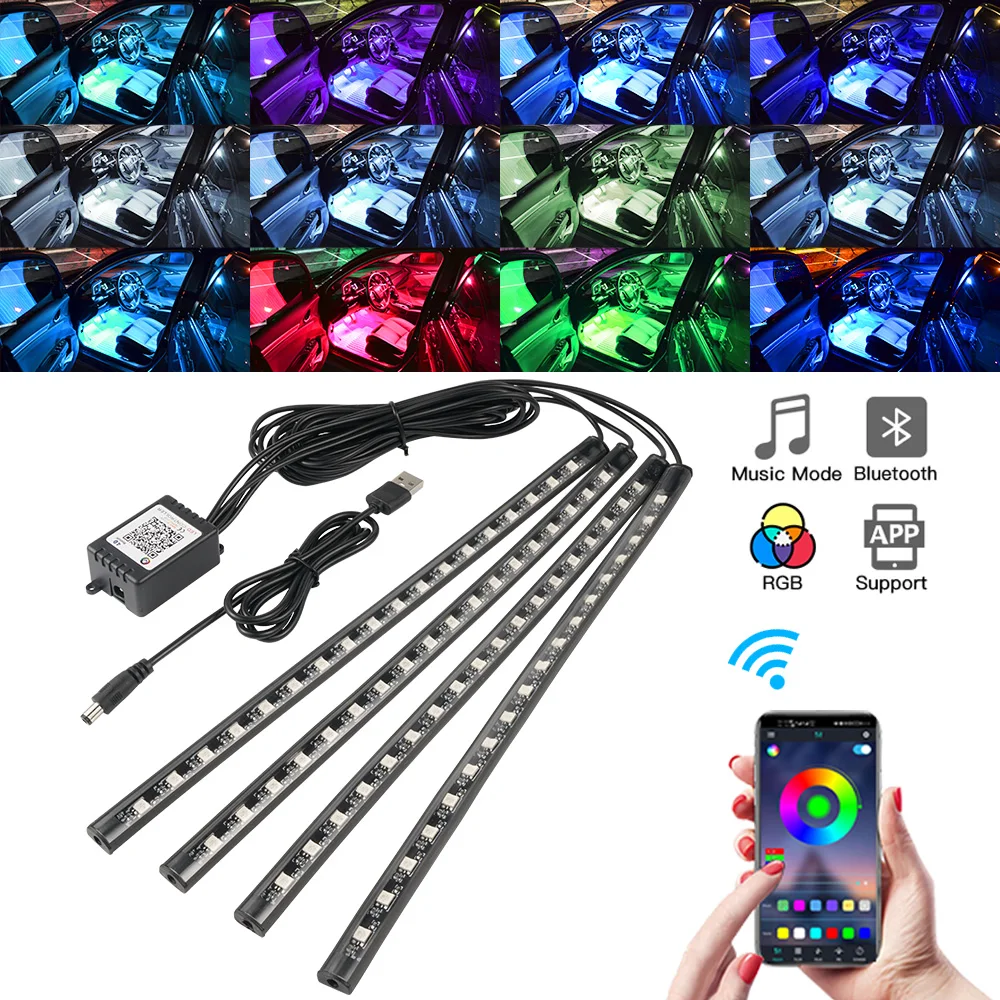 Neon LED Interior Car Light APP Music Remote Control RGB Underglow LED Ambient Light USB/Cigar Plug Auto Atmosphere Lighting 12V