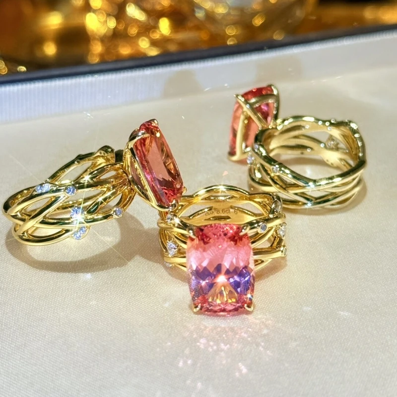 

CAMEO 925 Silver Synthetic Zircon Ring Pink Rectangular Gemstone Four Claw Multi layer Hollow Fashion Gold Ring