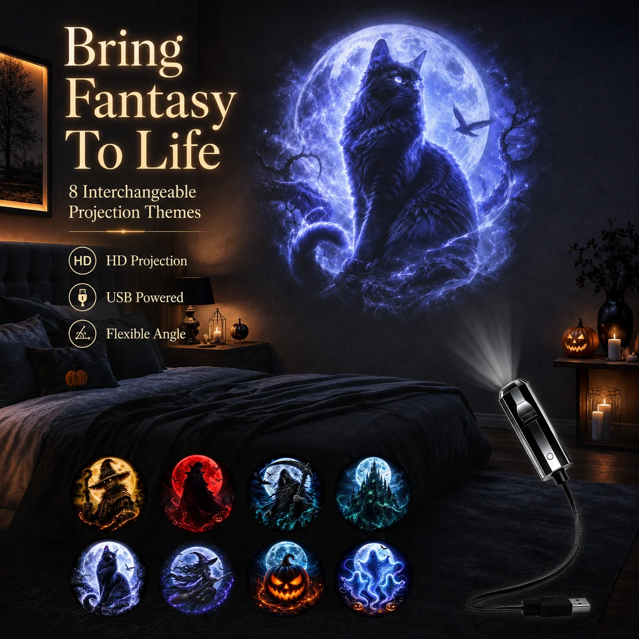Proyector De Luz De Enseñó, 8 Patrones Intercambiables, Perfecto Para La Decoración De Habitaciones En Halloween.