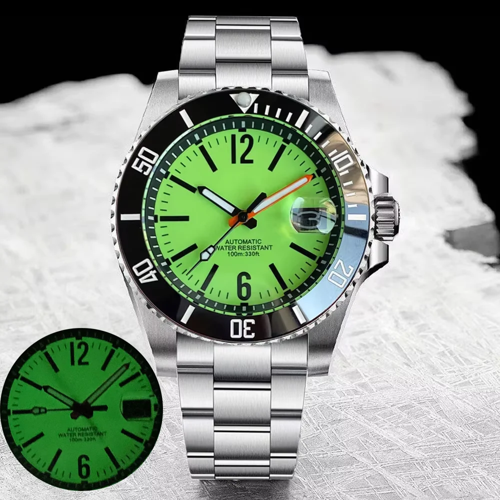 

Green Dial Full Lume 40mm Tandorio NH35 Automatic Wristwatch for Men Date Display Cyclops Steel Bracelet Sapphire Crystal 20ATM