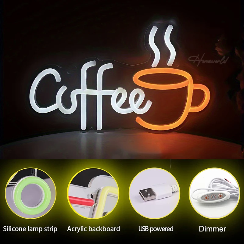 Coffee Neon Sign Custom Coffee Cup LED Neon Light Dimmerable USB Powered Decor Bar Cafe Restaurant Party Window Hanging Gift