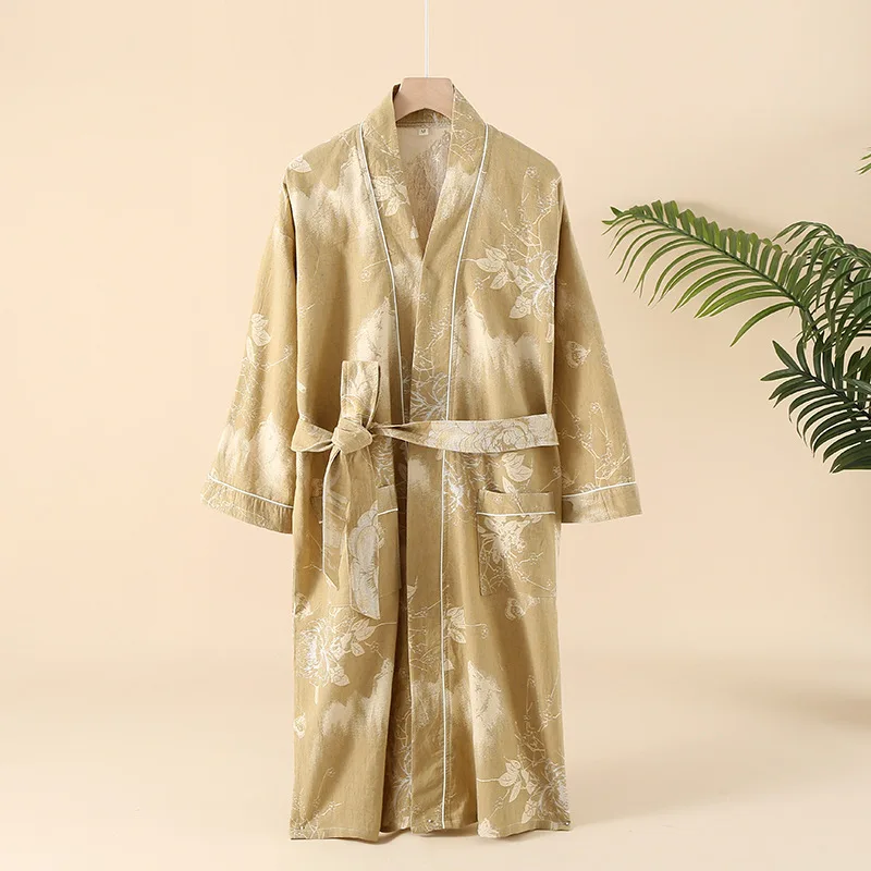 

Women's Print Cotton Gauze Pajamas Thin Bathrobes Autumn Jacquard Japanese Kimono Robe Loose Casual Home Wear