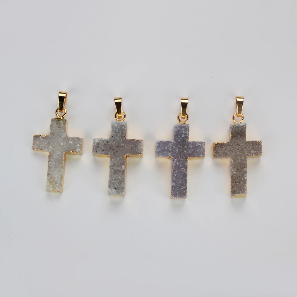 

BOROSA Unique Golden Plated Cross Natural Agate Druzy Pendant Genuine Stone Charms for Women Necklace Jewelry Wedding Gifts