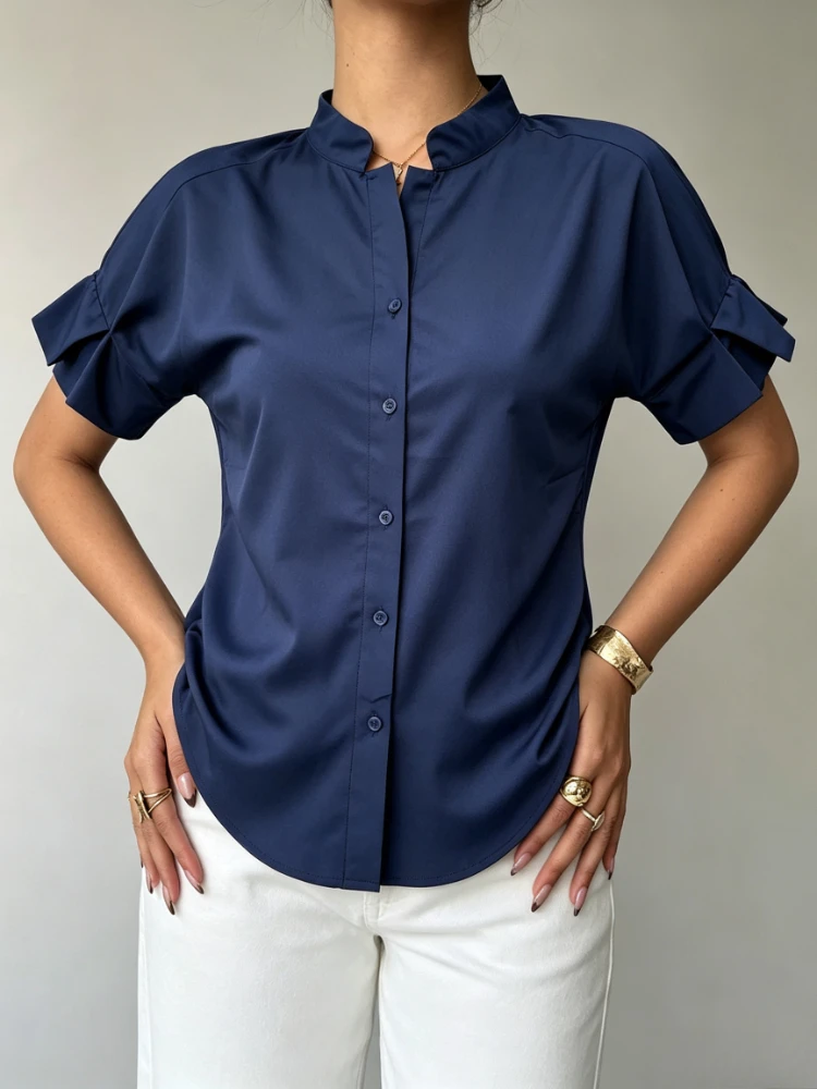 Summer Women Solid Stand Collar Short Sleeve Shirt Button Detail Slim‑fit Elegant Simple Casual Daily Blouse Tee Top