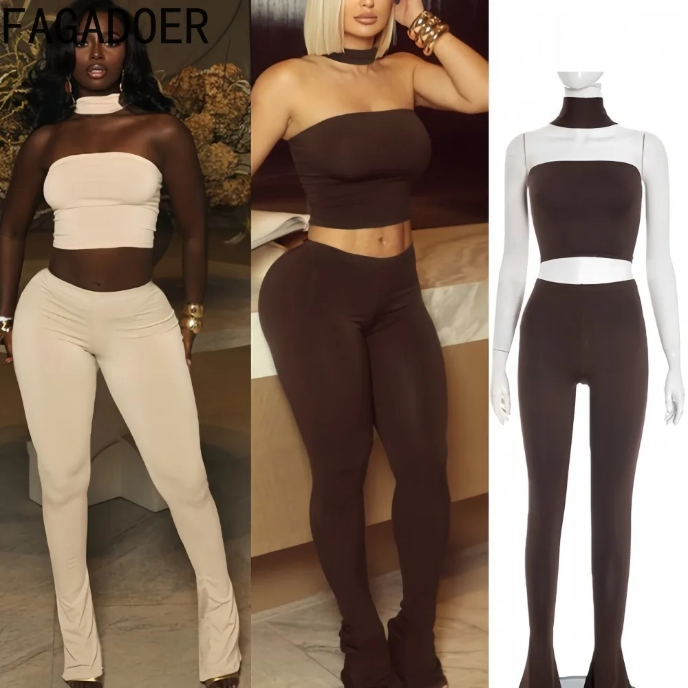

FAGADOER Sexy Woman 2 Piece Set Outfit Solid Color Sleeveless Backless Crop Top and Flared Pants Matching Female Streetwear New