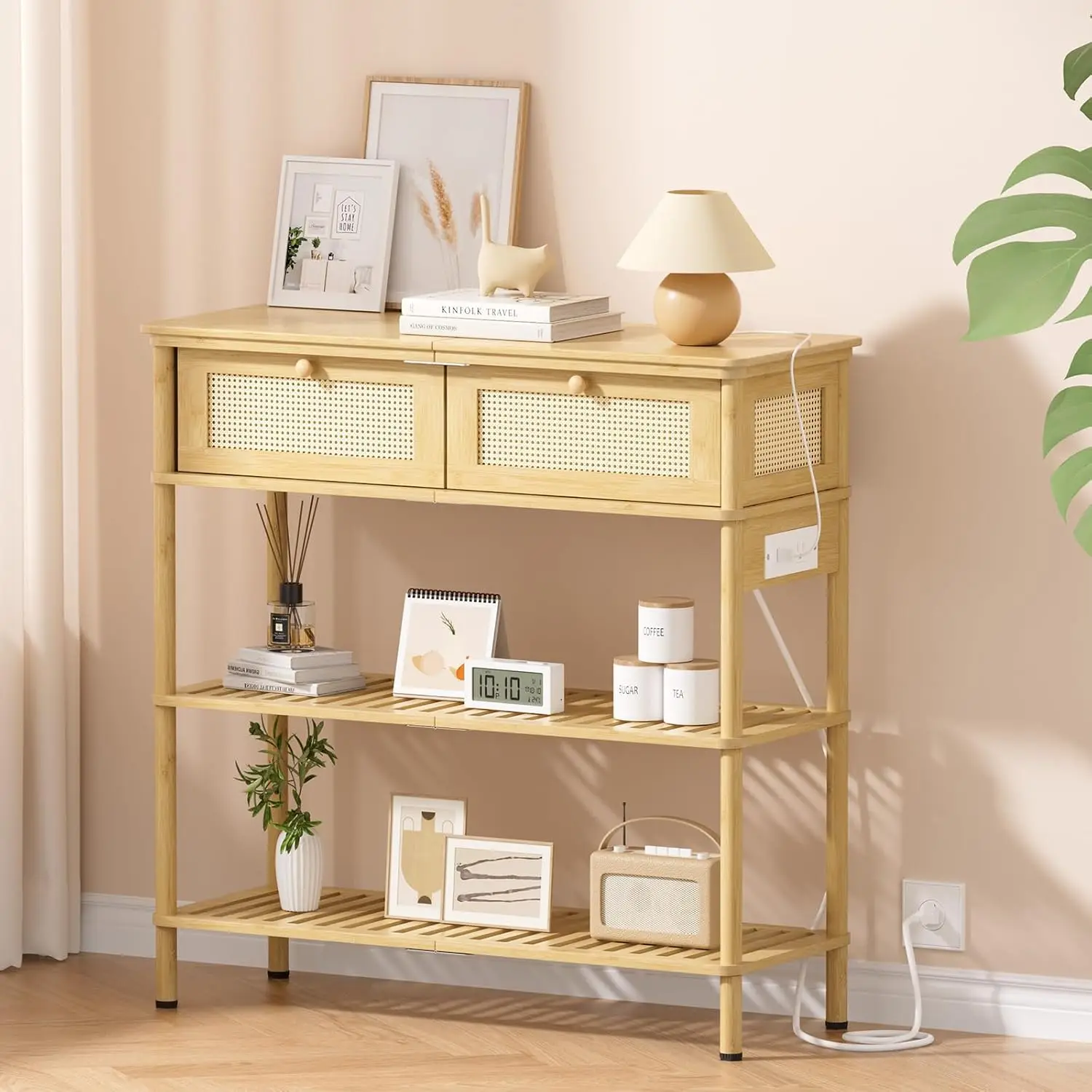 

Bamboo Entryway Table with Drawers, Storage, and Power Outlets for Living Room, Hallway
